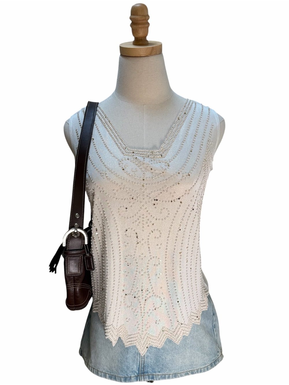 L. Lewis White Beaded Y2K Fairycore Tank Top
